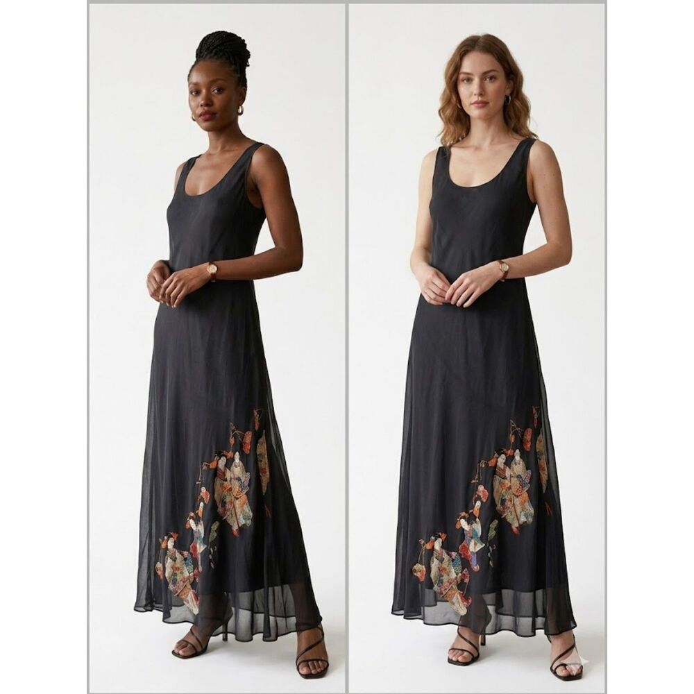 Vintage Harari 100% Silk Maxi Dress Black Sheer Geisha Novelty Print Art Wear M
